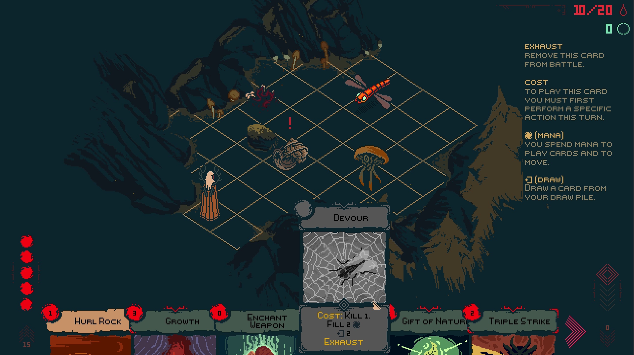 Battles play out on a tactical grid, with movement and playing cards costing mana.